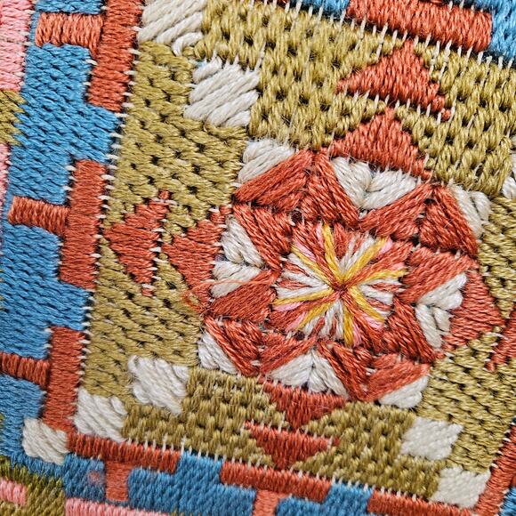 Vintage 70s Smokey Topaz Needlepoint Pillow Wool Yarn Tan Rust Blue Olive Velvet - Picture 4 of 8